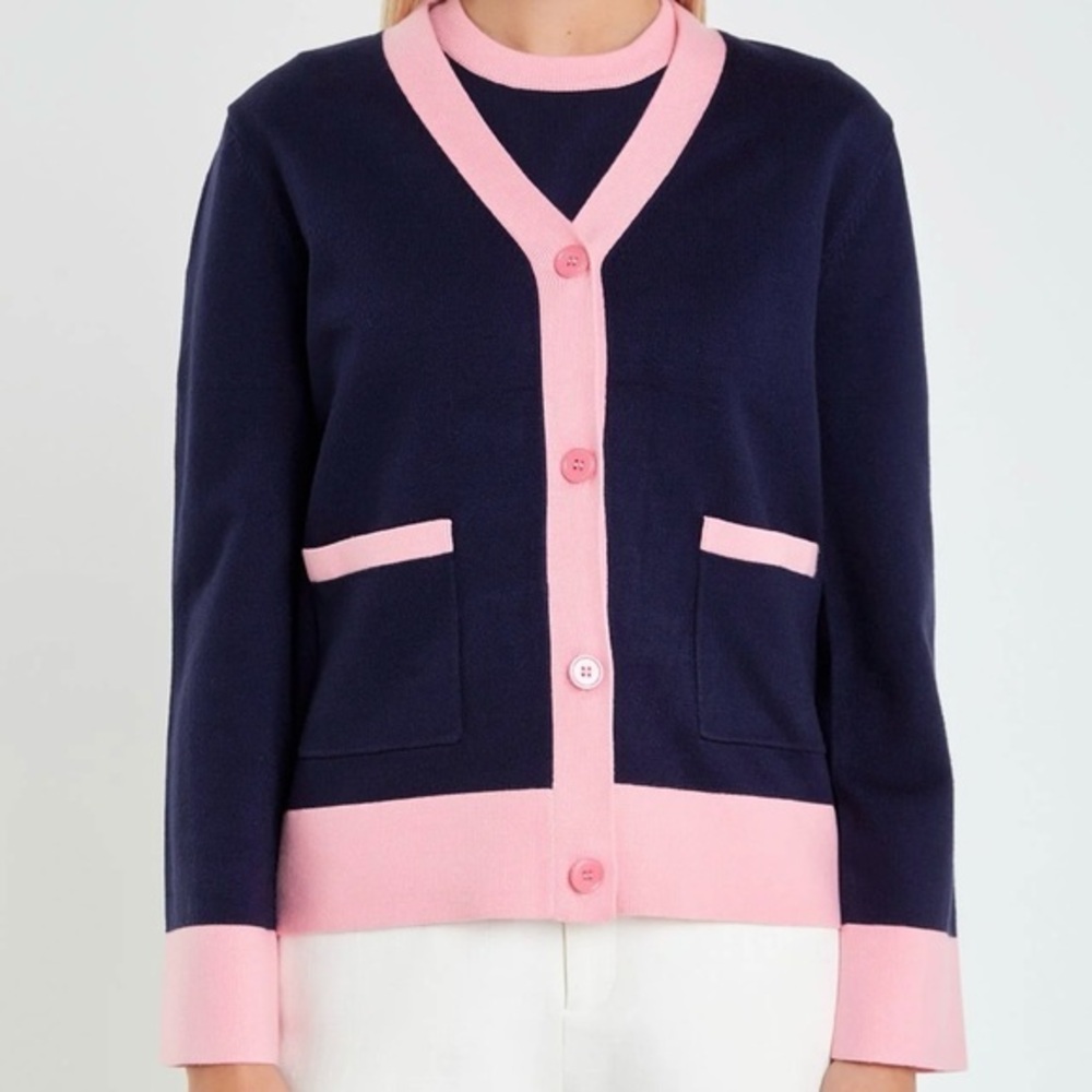English Factory Contrast V-Neck Colorblock Cardigan Navy Pink Women’s Size M